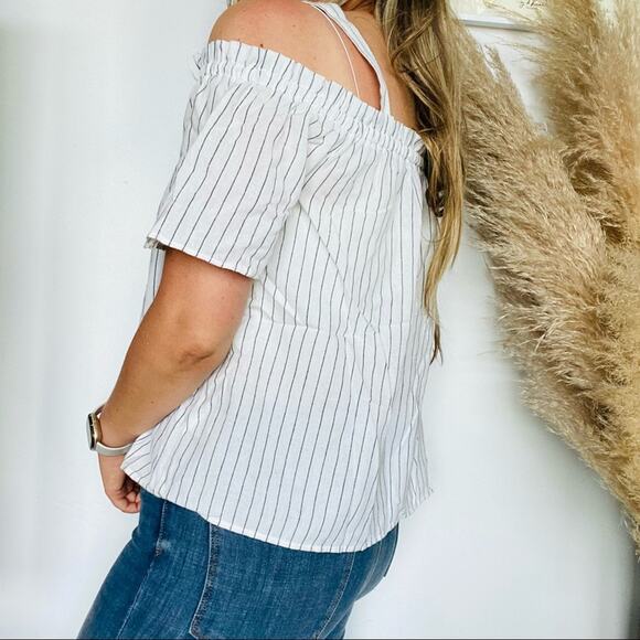 LUMIERE Black White Pin Stripes Cold Off Shoulder Tank Top Shirt Blouse L - Picture 3 of 9